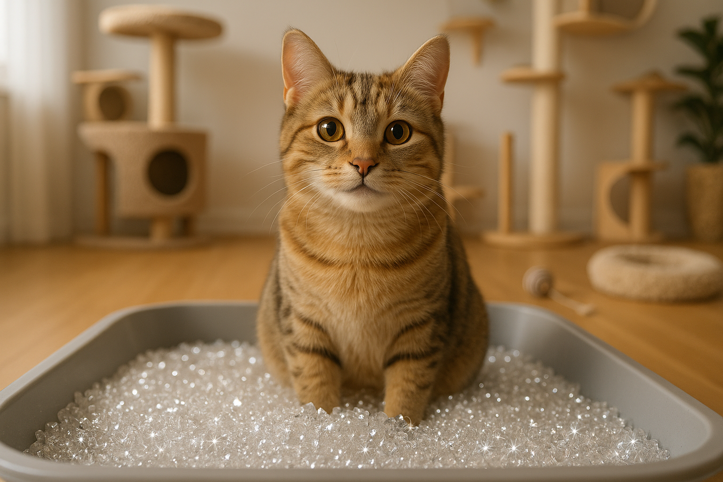 Photorealistic sparkling cat litter with adorable cat