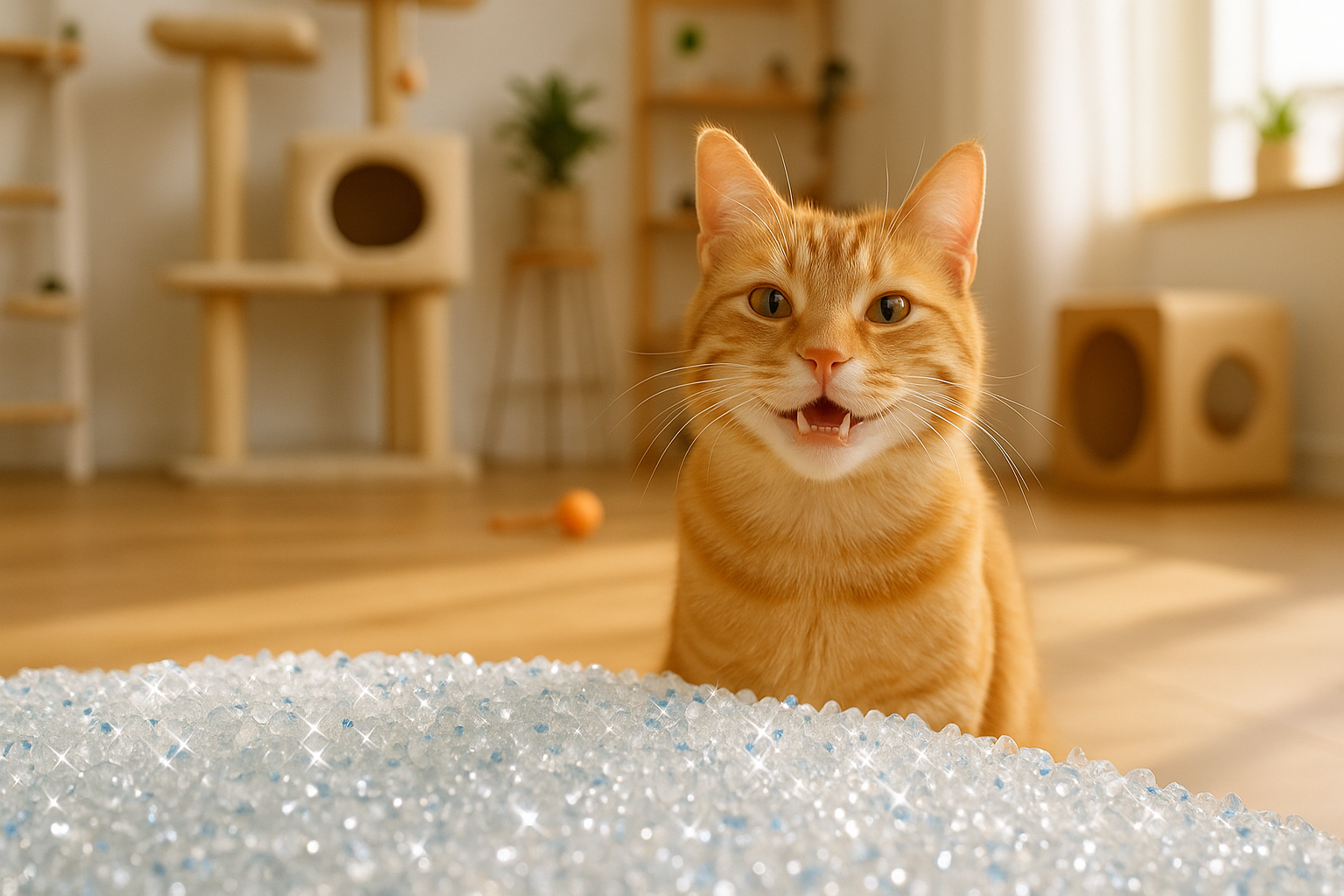 Photorealistic sparkling cat litter with smiling cat