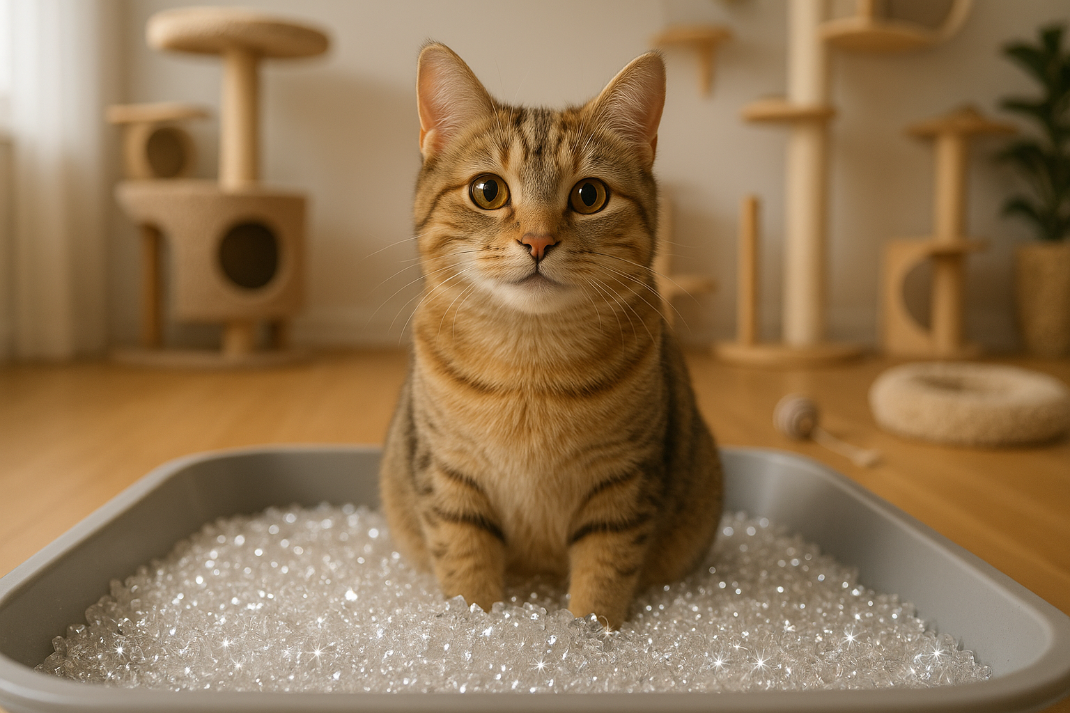Photorealistic sparkling cat litter with adorable cat